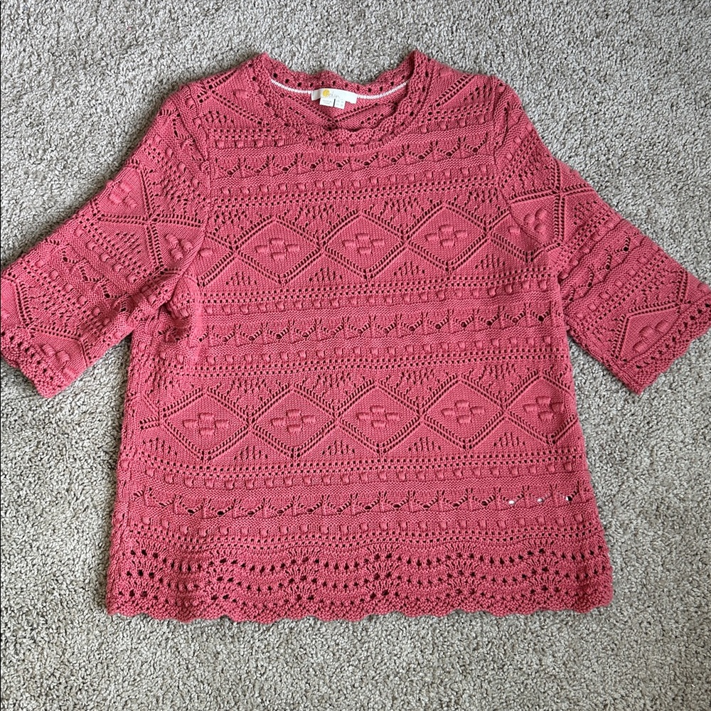 Boden Coral Pink Crochet Knit Scoop Neck Sweater